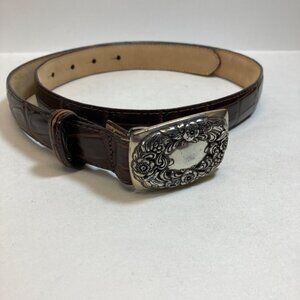 Talbots Leather Belt Brown Embossed Medium 34 Inches USA Silver Floral Buckle
